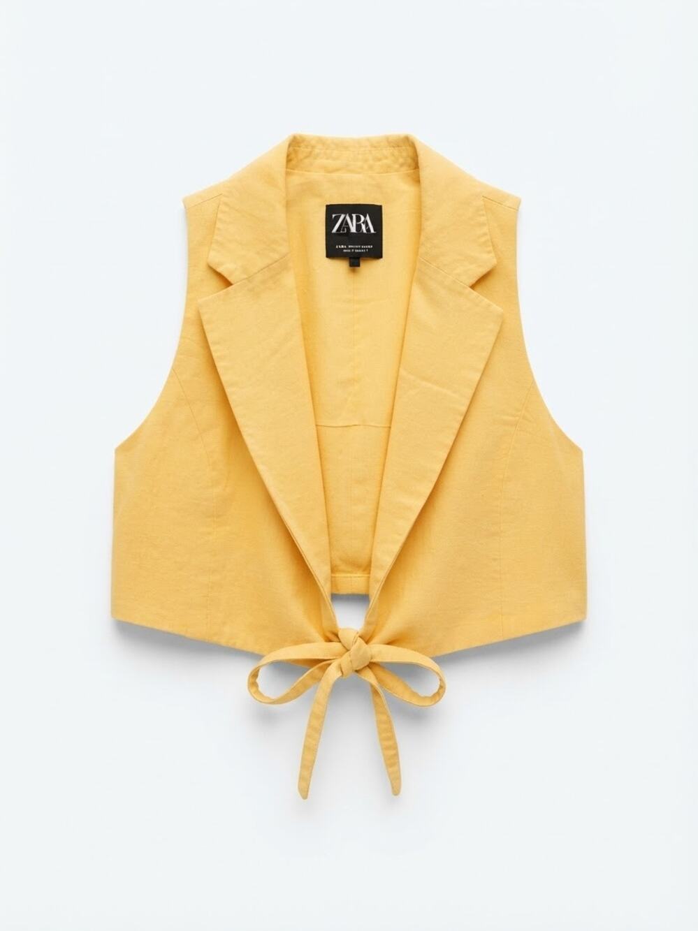 Zara Yellow Linen Blend Crop Vest Top Size XS Tie Front Waistcoat Chic Trendy